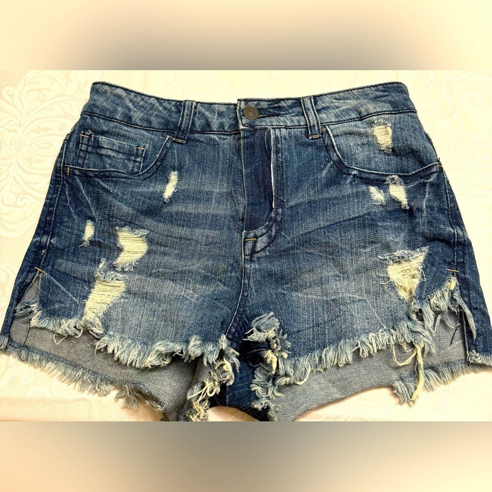 Almost Famous Blue Jean Shorts Distressed Frayed Hem teens
